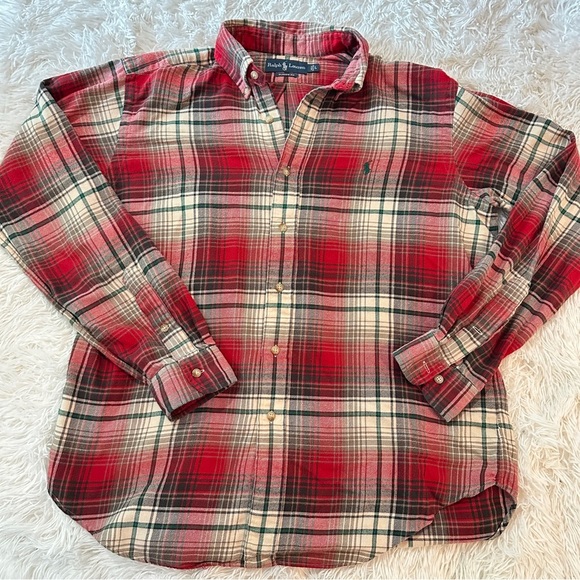 Ralph Lauren Classic Fit Plaid Red Green Flannel Size Large - Picture 2 of 13